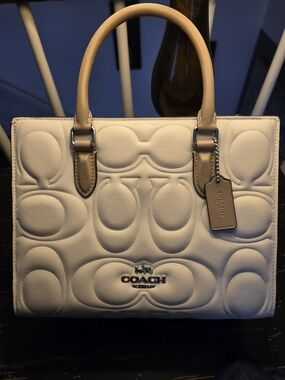 Coach Leather Embossed Logo Satchel - Cream/Tan